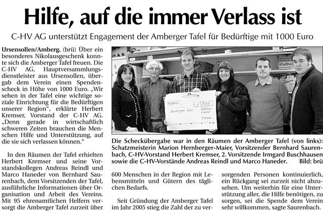 Spendenübergabe an die Amberger Tafel, Amberger Zeitung 2009